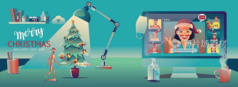 家庭使用视频会议圣诞和快乐新年的概念享受庆祝，装饰，在蓝色背景松树与圣诞祝福树，矢量插图与礼物