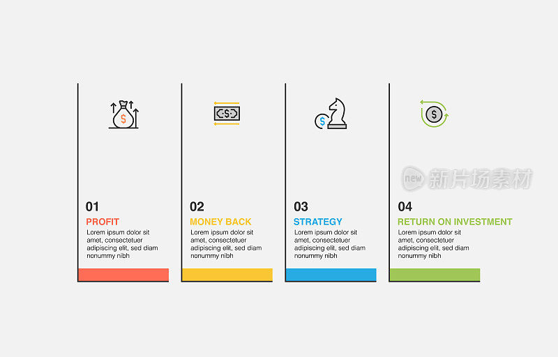 信息图表设计模板。利润，钱回来，策略，投资回报图标与4个选项或步骤。