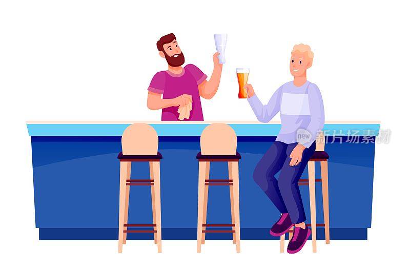酒吧里的人。酒保在柜台擦拭杯子，年轻快乐的男人坐着喝啤酒。现代娱乐和休息矢量插图孤立在白色。坐在凳子上的那个人