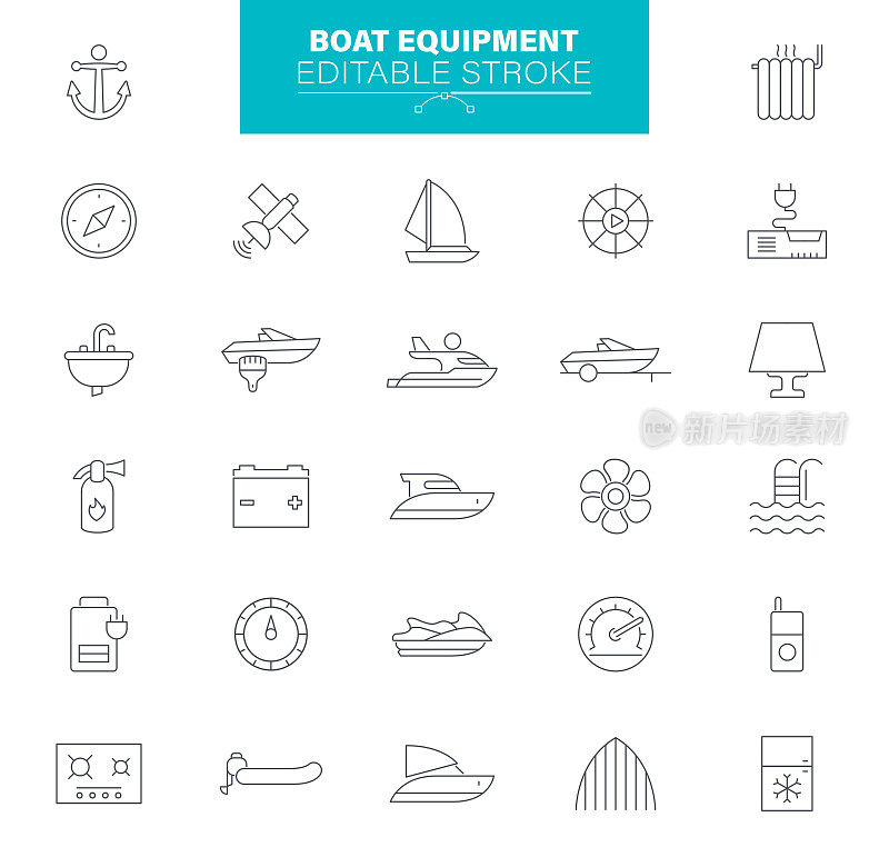 船只设备图标可编辑的笔触。包含帆船，船，航海船，钓鱼，游艇的图标