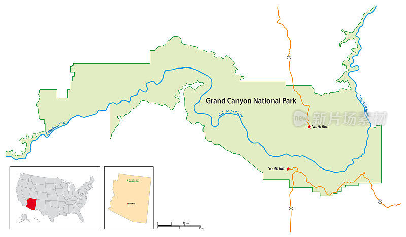 大峡谷国家公园简单概览地图，亚利桑那州，美国