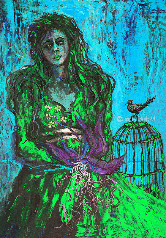 插图油画肖像的年轻女子在绿色的裙子与长长的黑发在蓝色的背景