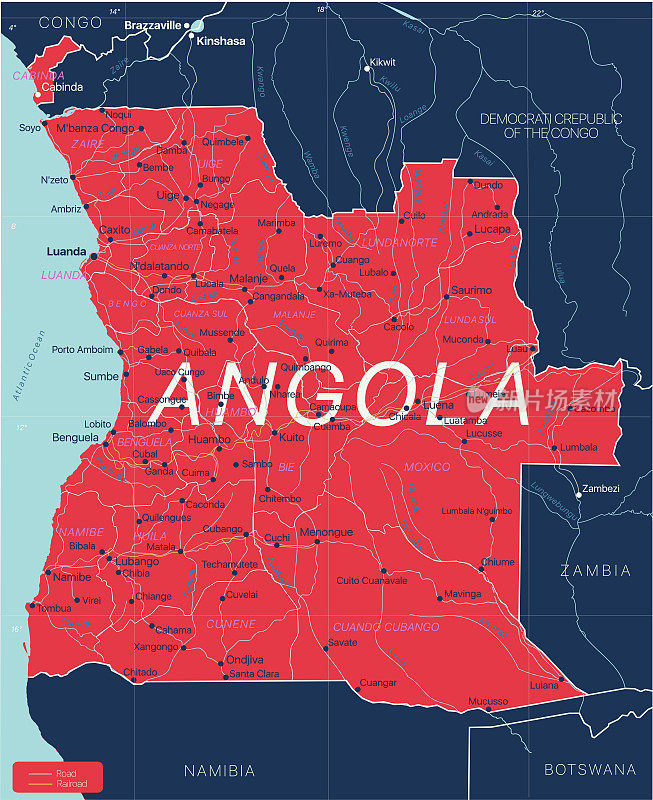 安哥拉国家详细可编辑地图