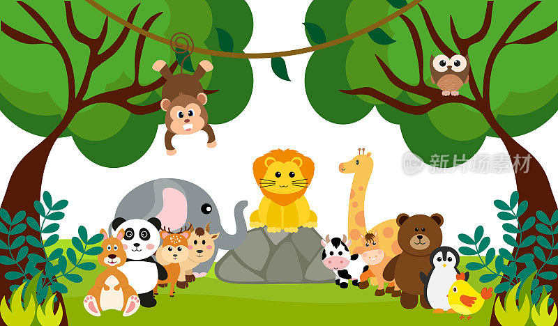 矢量可爱的丛林动物卡通风格，野生动物，动物园设计的背景，婴儿衣服。手绘人物