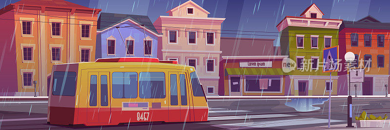 雨水落在城市街道上的房屋和电车