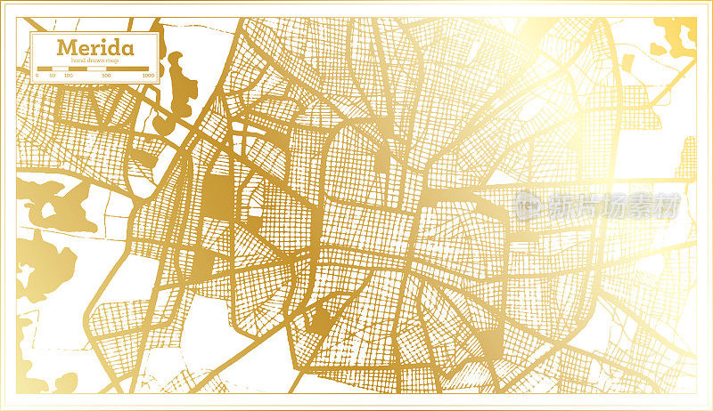 梅里达墨西哥城地图复古风格在金色。略图。