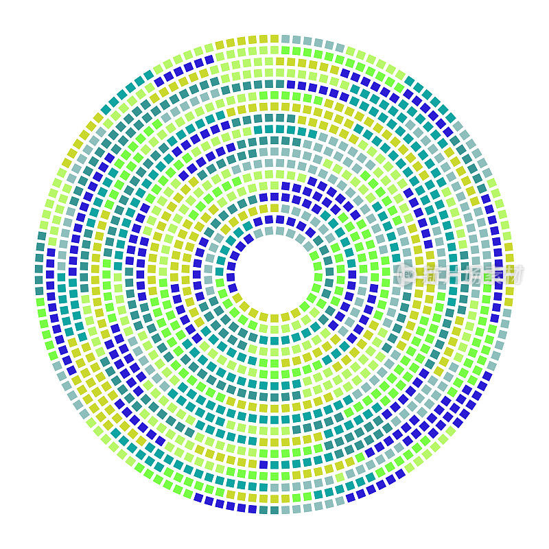 沿圆切线均匀间隔的彩色正方形点。五种颜色的调色板。不均匀的旋转。