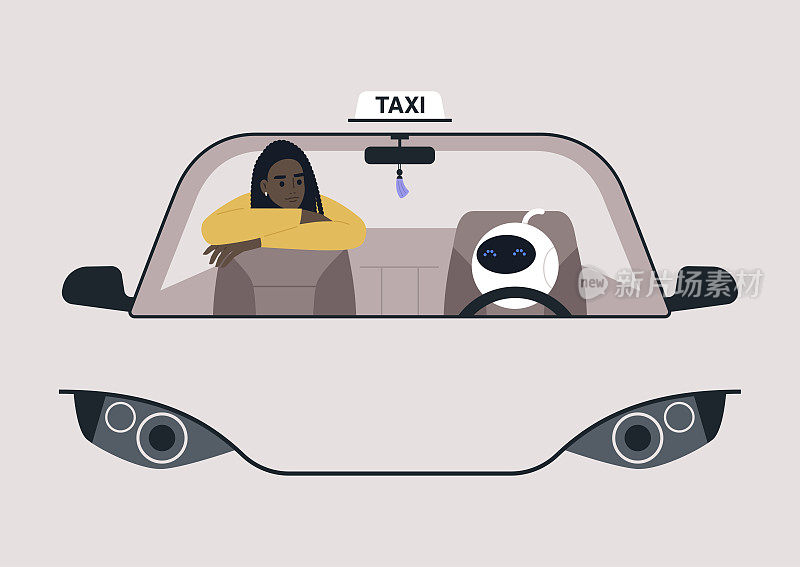 自动驾驶汽车的概念，一个可爱的未来机器人驾驶一辆汽车，后座上坐着一名年轻的黑人女性乘客
