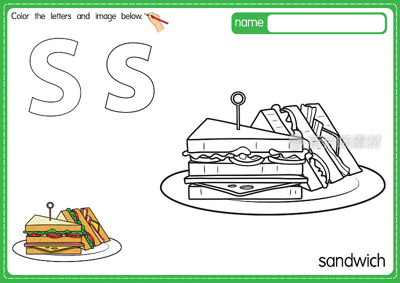 矢量插图的儿童字母着色书页与概述剪贴画，以颜色。字母S代表三明治。