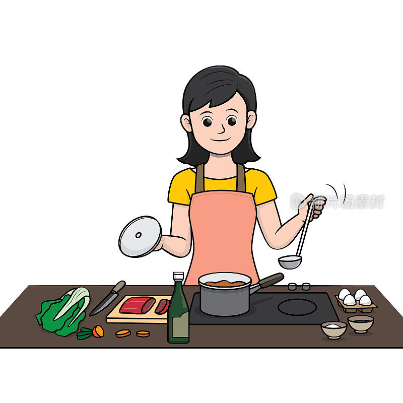 彩色矢量插图的儿童活动着色书页与图片的妇女做家务做饭。