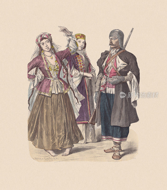 19世纪，亚洲服饰(高加索)，手工着色木刻，大约1880年出版