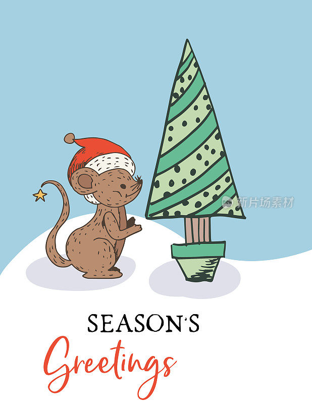 手绘圣诞鼠标卡片模板