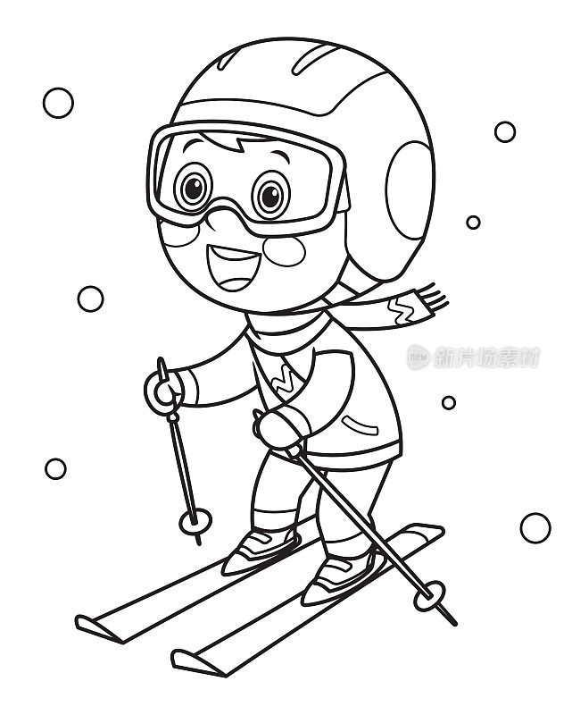 涂色书，小男孩滑雪下坡