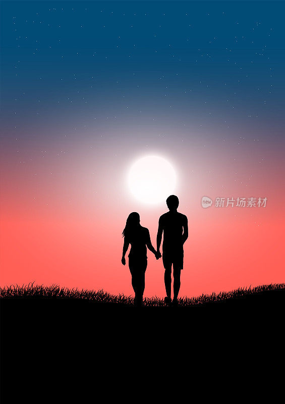 一对夫妇站在草地上，看着夜晚天空中的月亮，设计矢量图