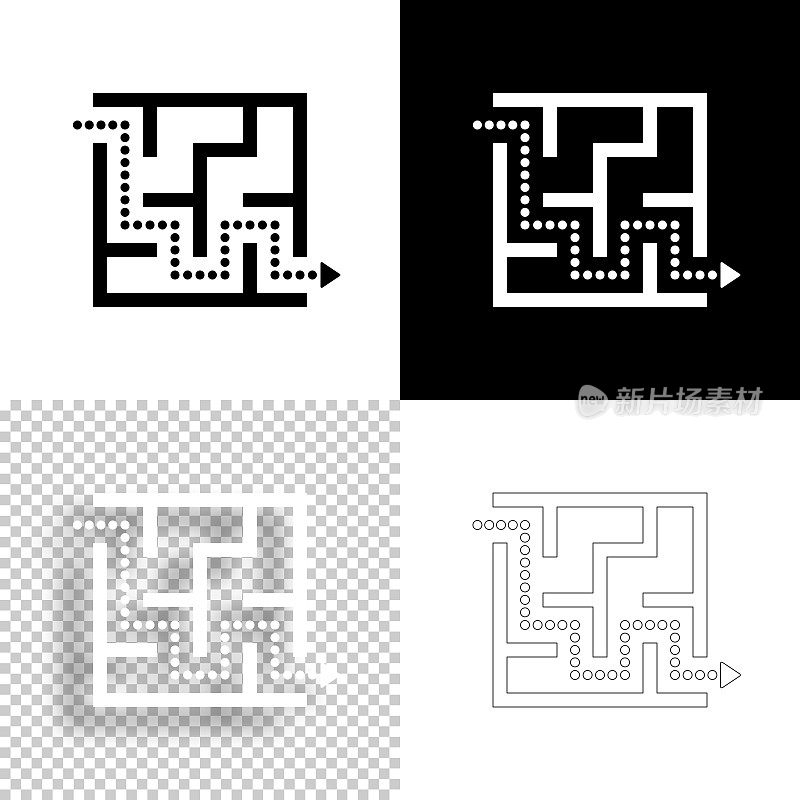 迷宫和解决方案。图标设计。空白，白色和黑色背景-线图标