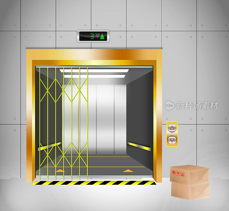 一套工业电梯或现实电梯，铬金属门或三铁电梯在工厂或建筑电梯关闭打开位置。每股收益向量
