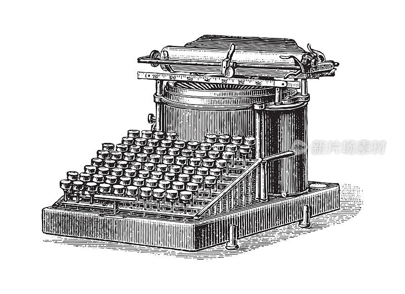 老式打字机，老式雕刻插图