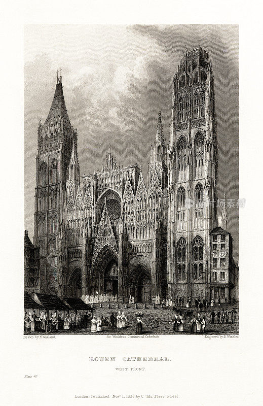 法国大教堂，鲁昂大教堂，鲁昂，法国，古董法国版画，1837年