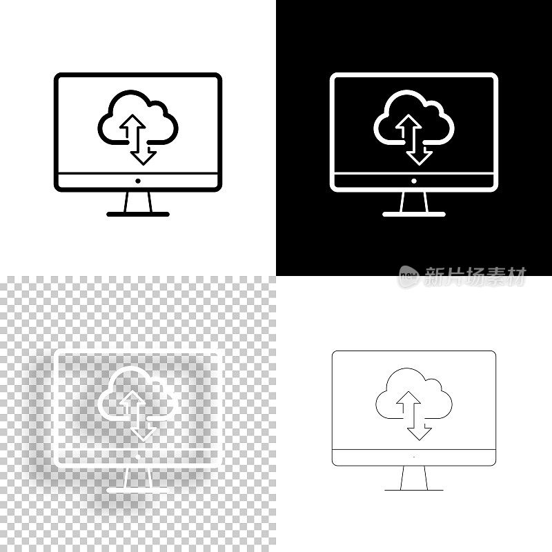桌面电脑的云下载和上传。图标设计。空白，白色和黑色背景-线图标