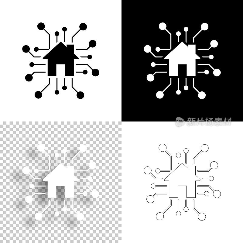 智能家居。图标设计。空白，白色和黑色背景-线图标