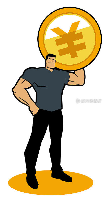 一个强壮的男人微笑着，肩上扛着一枚巨大的货币硬币，一只拳头放在屁股上站着