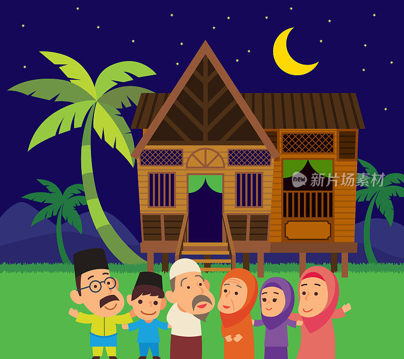 卡通平面设计穆斯林家庭在马来村以椰子树夜生活场景为背景