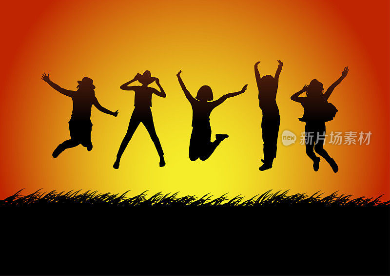 剪影快乐跳跃的女人与夕阳背景，矢量插图