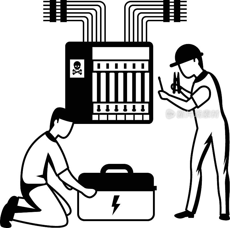 从发电厂的建筑开关板控制电源故障概念矢量图标设计，电工专业标志，电源和接线标志，