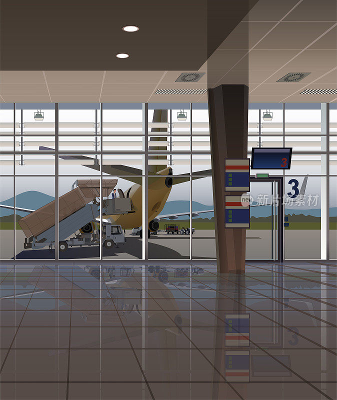 机场候机楼的候机室，窗外是一架带梯子的飞机。向量。