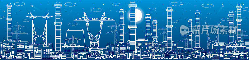 发电厂、能源行业概述插图全景、城市夜景。管道和电线。工厂基础设施。矢量设计艺术