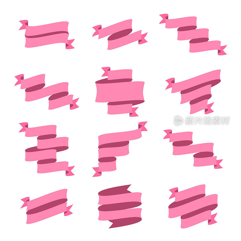 一套粉色丝带，横幅-白色背景的设计元素