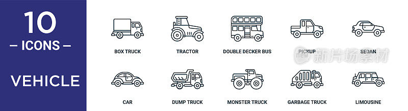 车辆轮廓图标集包括细线箱卡车，双层巴士，轿车，自卸卡车，垃圾车，豪华轿车，汽车图标报告，演示，图表，网页设计