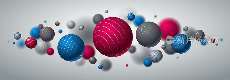 抽象球体矢量背景，用线条装饰的飞行球的组成，3D混合逼真的球体，逼真的景深效果。
