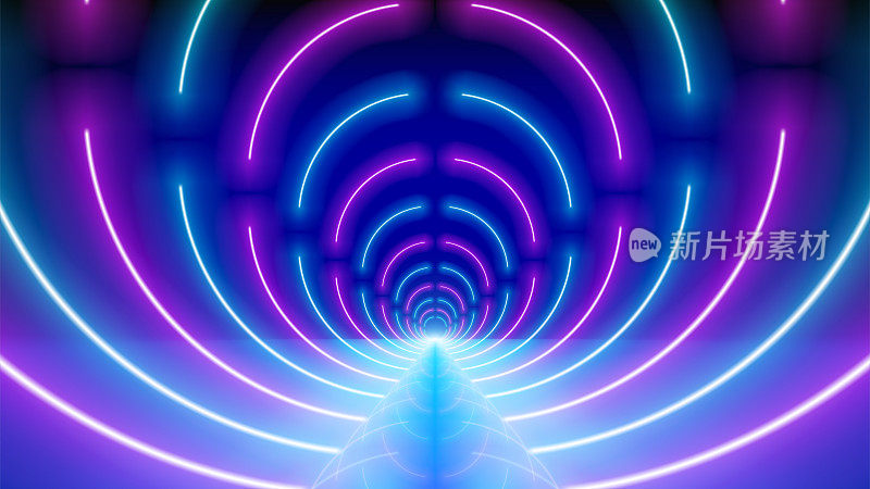 发光的霓虹灯线，发光的隧道。技术背景抽象，虚拟现实。粉红蓝紫的霓虹灯走廊的圆圈，透视。紫外线明亮的光芒。矢量图