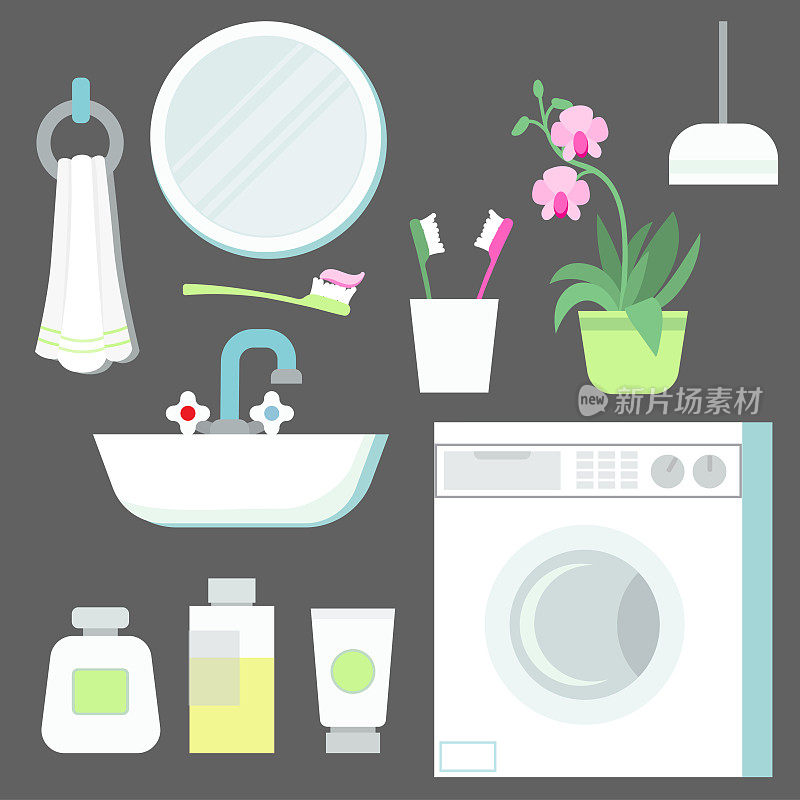 一组元素的矢量平面插图，浴室内部的东西。水槽，镜子，花，化妆品，毛巾，洗衣篮，洗衣机