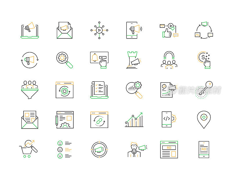 数字营销相关矢量细线图标。大纲符号集合