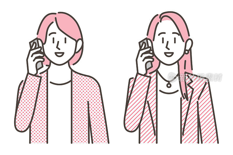 一个年轻女人用她的智能手机打电话的矢量插图，正面视图。