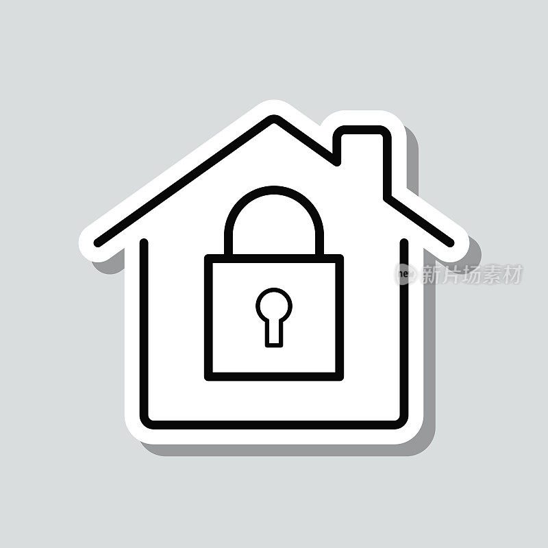 家庭安全-带挂锁的房子。图标贴纸在灰色背景