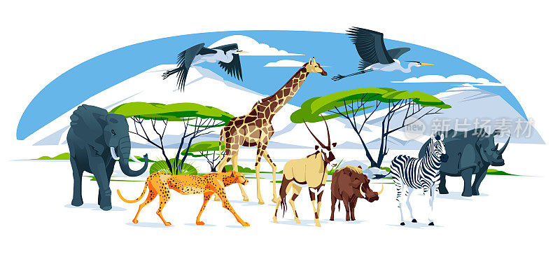 非洲野生动物在大草原上散步:大象、长颈鹿、猎豹、大羚羊、斑马、鸵鸟、河马、鬣狗、疣猪、苍鹭。矢量平面插图。