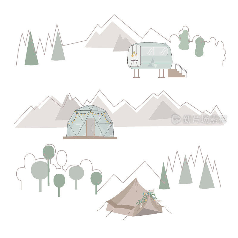 豪华房车，大篷车，泡泡屋，帐篷，野生大自然的帐篷。三个横幅为网络，社交媒体。