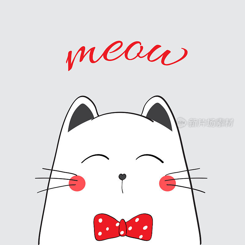 矢量插画的简单白猫与红色的蝴蝶结偷窥角落，可爱的卡通卡片为您的设计与小猫和字母喵孤立在空灰色背景
