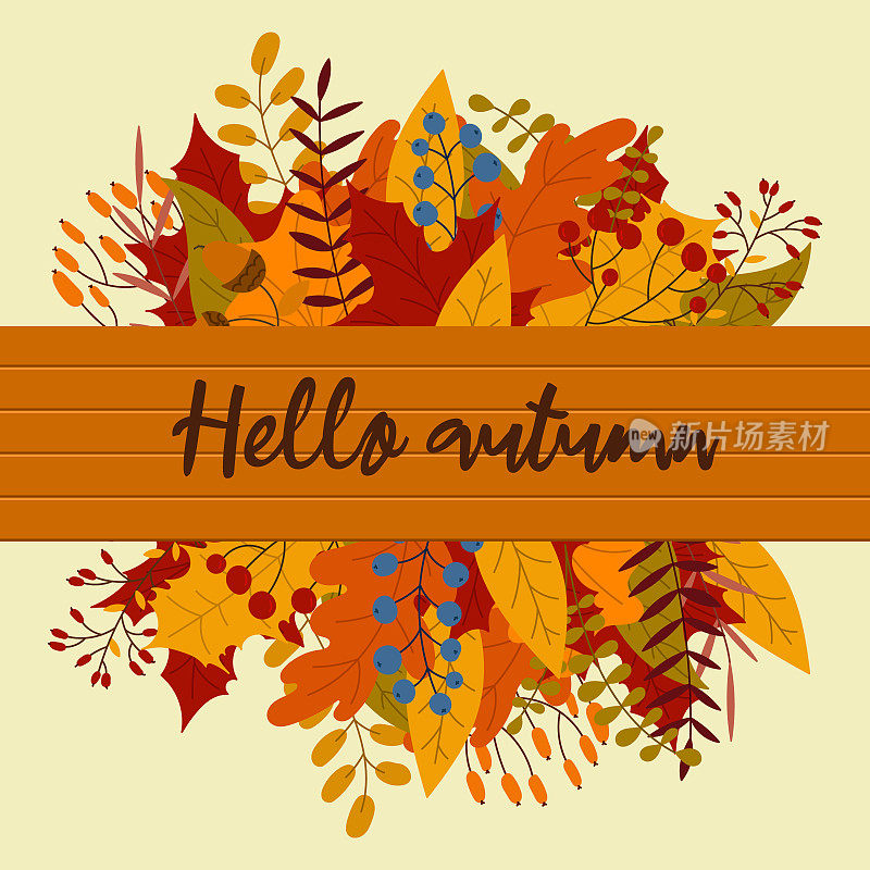 你好，秋天的明信片。秋天矢量旗帜的树叶和树枝。秋天的树叶落下，流行的树叶。秋天的设计。矢量图