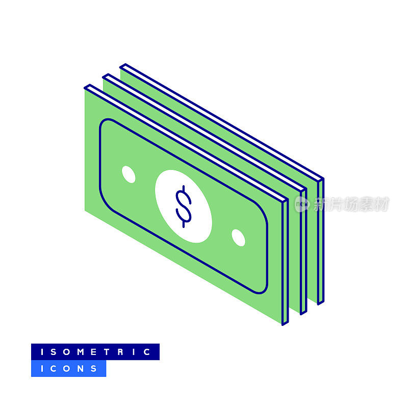 货币栈等距图标概念与三维设计。货币栈，纸币，银行，自动取款机，收入，财富，投资。