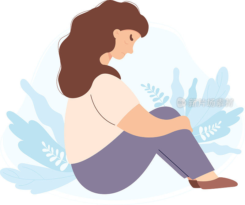 悲伤孤独不快乐的女人坐着抱着她的膝盖。由于压力和抑郁而陷入底层的人的概念。平面风格的矢量插图。