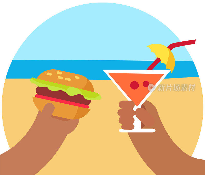 热带海滩上的异国鸡尾酒和汉堡。阳光灿烂的日子里，在海上休闲娱乐很划算