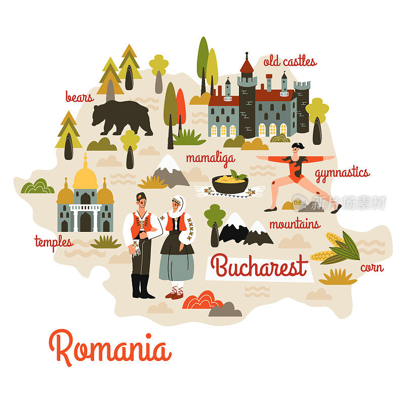 罗马尼亚地图手绘卡通风格。人们在民族服饰、动物、旅游景点、文化地标、建筑、美食等方面。漫画信息图，涂鸦剪贴画。矢量平面图
