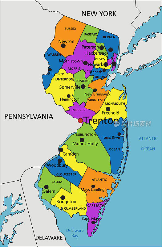彩色的新泽西政治地图，有清晰的标签，分层。矢量插图。