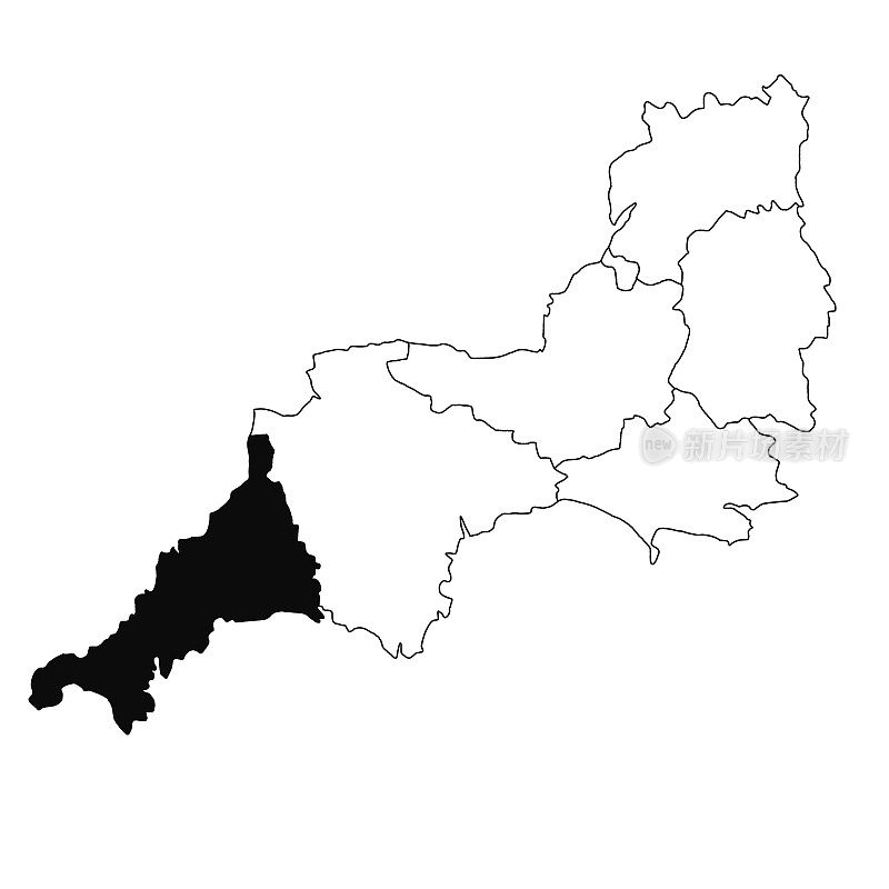 英格兰西南部康沃尔的白色背景地图。在英格兰西南部的行政地图上，单个县的地图以黑色突出显示。