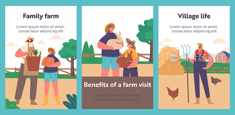 卡通横幅上的家庭农民在土地上劳作，种植庄稼和牲畜。父母和孩子的一代