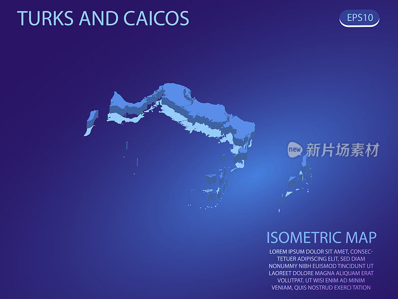 特克斯和凯科斯群岛的等距地图。矢量现代的蓝色背景。信息图的孤立三维等距概念。矢量插图。每股收益10。
